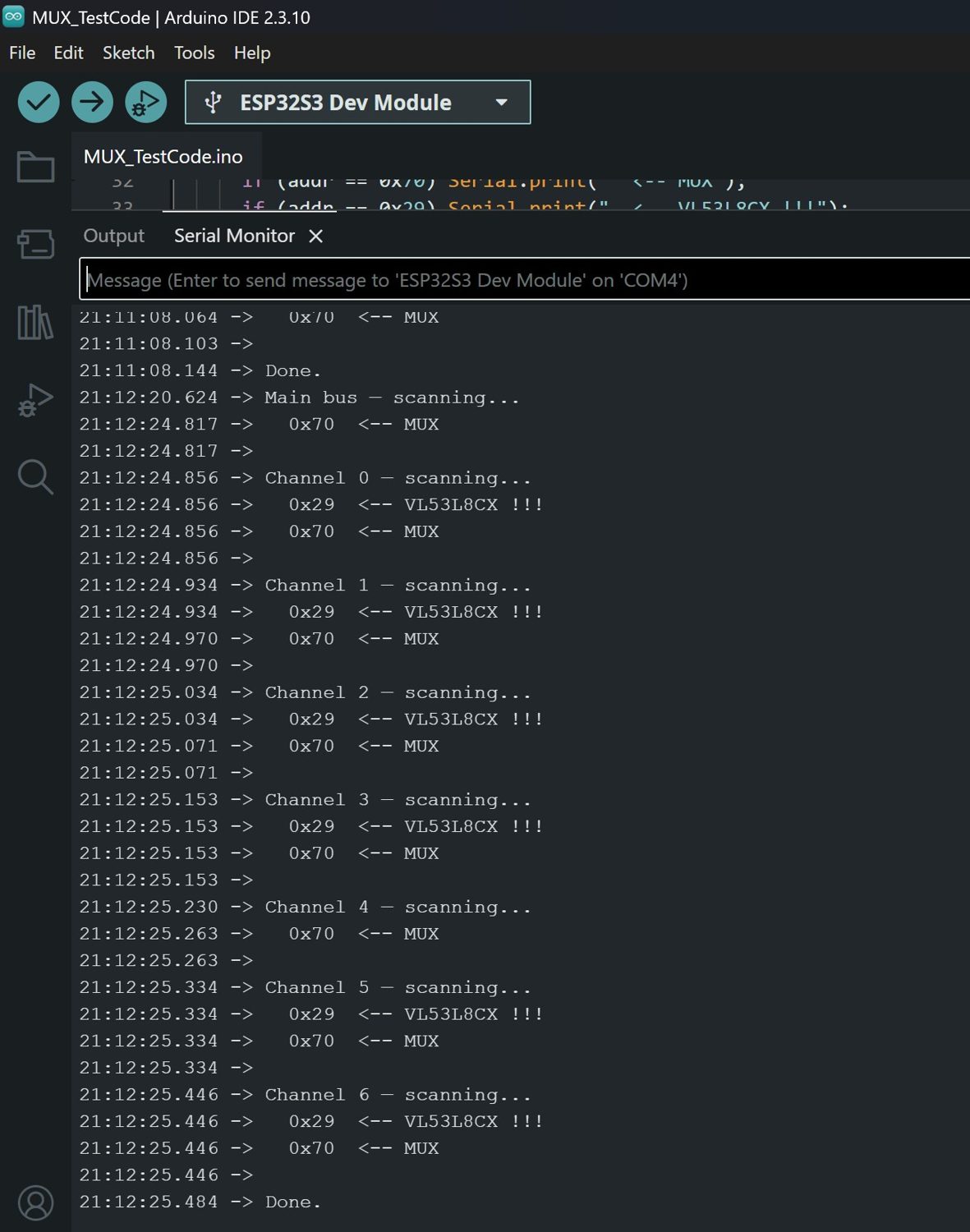 Arduino serial monitor listing the multiplexer and six sensors found on the I2C bus